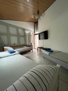 a living room with two beds and a tv at Gemütliche Wohnung mit WLAN, TV und Parkplatz in Groß-Umstadt