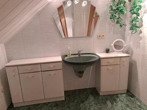 a bathroom with a sink and a mirror at Blick zum See in Laasow +8 photos