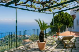 a balcony with two potted plants and a table at Casa degli Ulivi in Ravello
