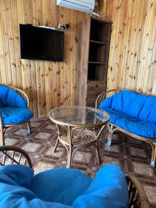 a room with a table and chairs and a tv at Dacha Marella in Nova Dofinivka