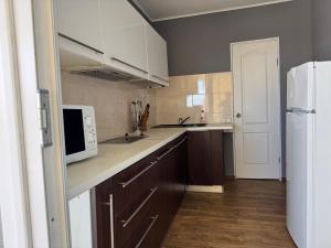 a kitchen with brown cabinets and a white refrigerator at Dacha Marella in Nova Dofinivka
