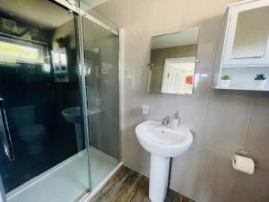 a bathroom with a sink and a shower at Godrevy Lighthouse View, Carbis Bay, St Ives, free parking, sea view in Carbis Bay +5 photos
