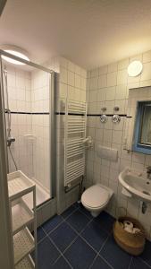 a bathroom with a toilet and a shower and a sink at Strandperle in Timmendorfer Strand +28 photos