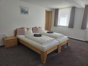 a bedroom with two beds in a room at Zum Unstrut Radler in Helmsdorf