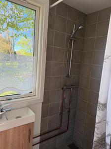 a bathroom with a shower and a sink and a window at Tiny house close to Copenhagen in Nybølle