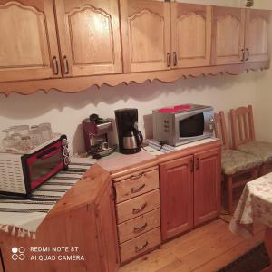 a kitchen with wooden cabinets and a microwave and a stove at Casa Bunicilor in Moldoviţa