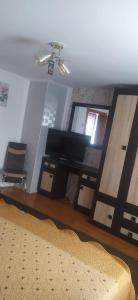 a living room with a couch and a tv on a wall at Casa Bunicilor in Moldoviţa