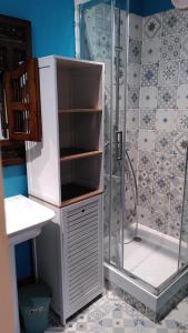 a bathroom with a shower with a sink and a toilet at La cabane Rouge in La Queue-dʼHaye