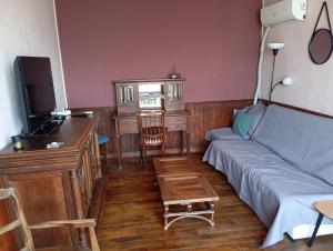 a living room with a couch and a table and a tv at Maison de campagne in Maussac
