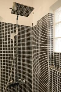 a bathroom with a shower with black tiled walls at AL Penedo da Cheira in Penacova +10 photos
