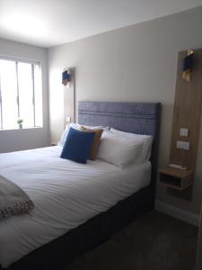 a bedroom with a bed with a blue headboard and pillows at Codladh Samh Apartment No 2 in Templemore