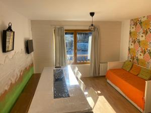 a living room with a table and a couch at Le fleuri ensoleillé de Guzet in Ustou