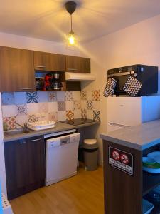 a kitchen with a stove and a counter top at Le fleuri ensoleillé de Guzet in Ustou