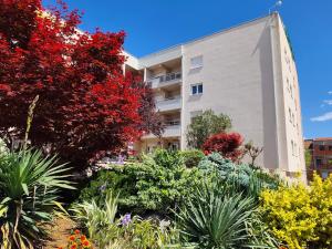 a garden in front of a building with red flowers at 2Hearts Apartment - Medjugorje in Međugorje