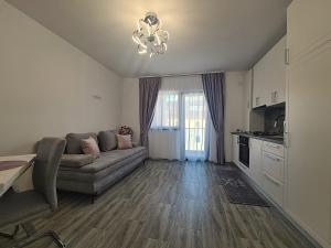 a living room with a couch and a kitchen at Apartament Giulio 2 in Şelimbăr