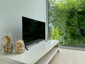 a living room with a tv and a large window at Ednas Place - Tranquilidade e Natureza in Caminha