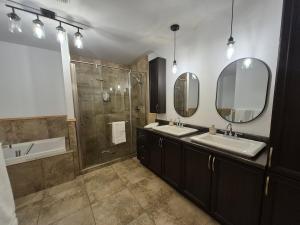 a bathroom with two sinks and a shower and two mirrors at Le Cormoran in Sainte Brigitte de Laval +36 photos