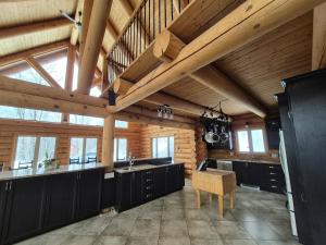 a large kitchen with black cabinets and a wooden ceiling at Le Cormoran in Sainte Brigitte de Laval