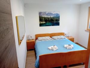 a bedroom with a bed with two towels on it at Appartamento Miele di Pino in Ziano di Fiemme