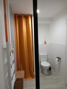 a bathroom with a toilet and an orange shower curtain at Gite La Ferme in Arinthod
