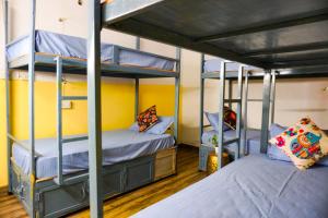 two bunk beds in a room with yellow walls at Old Skool Udaipur - 20 Meter From Lake in Udaipur