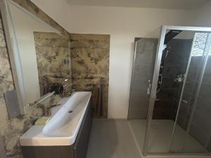 a bathroom with a sink and a shower at Útulný klidny pokoj A in Radošovice +1 photo