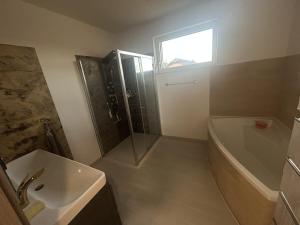 a bathroom with a shower and a tub and a sink at Útulný klidny pokoj A in Radošovice