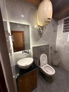 a bathroom with a sink and a toilet and a mirror at Hotel Avalanche in Shimla