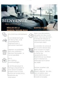 a flyer for a bedroom with a bed and chairs at Le Cosy in Lannion