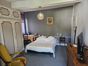 a bedroom with a bed and a tv and a chair at Hostellerie de La Poste in Oust