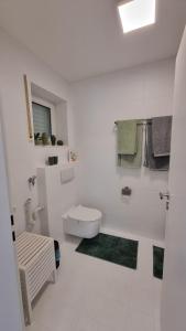 a white bathroom with a toilet and a green rug at Ulli's Oase in Uettingen +12 photos