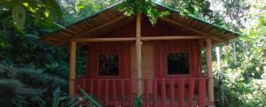 a small red house with a roof on a forest at Cabañas 7 Colinas in Coto Brus