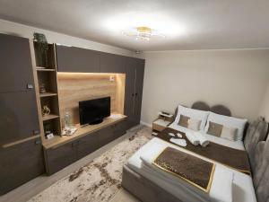 a hotel room with a bed and a television at Delfinului Retreat in Ovidiu