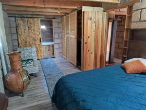 a bedroom with a blue bed in a room with wooden walls at Cabaña Metztli in Amealco