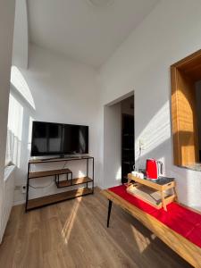 a living room with a flat screen tv and a table at Waldvilla in Bad Schandau