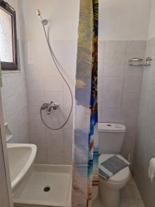a small bathroom with a shower and a toilet at Vera Studios in Faliraki +26 photos