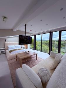 a living room with two couches and a tv at Woodroyd Spa Suites in Luddenden Foot