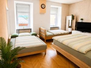 a room with two beds and a tv in it at EDI APP Bovec Center-Free Parking & Mountain View in Bovec