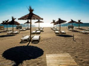 a beach with chairs and umbrellas and the ocean at Barcaresa - Malibu village Catalan T2 terrasse in Canet-en-Roussillon