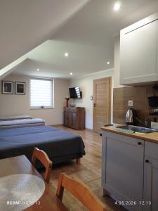 a room with two beds and a kitchen with a sink at Agroturystyka u Marii in Komańcza