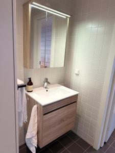 a bathroom with a sink and a mirror at Aurora Sea Lodges in Karpbukt +11 photos