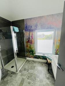 a bathroom with a shower and a window at Lavally House in Gort