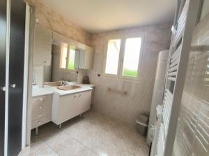 a bathroom with a sink and a mirror at L'évasion Monplaisir in Gère-Belesten +10 photos