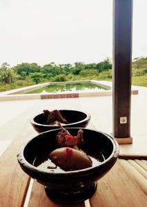 two bowls of food on top of a wooden table at REFUGE du MONT AGOU in Liatonou