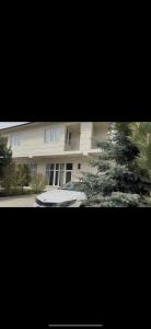 a large building with a christmas tree in front of it at Танхаус Коттедж in Bosteri
