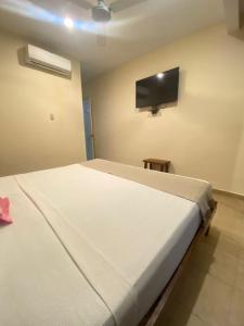 a bedroom with a bed and a flat screen tv at 7mo Color Hotel Boutique in Mahahual
