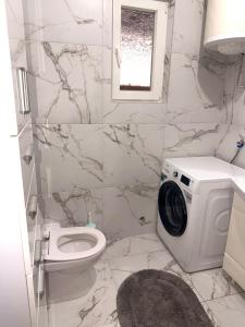 a bathroom with a toilet and a washing machine at Apartment Guberinic in Tivat +7 photos