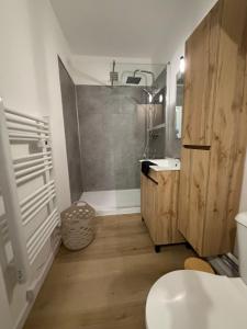 a bathroom with a shower and a sink and a toilet at Studio côté soleil in Saint-Jean-de-Monts