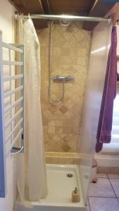 a shower with a shower curtain in a bathroom at Relaxing Gite aux fil de l'eau in Sainte-Colombe-sur-lʼHers +31 photos