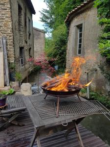 a fire pit on a table in a yard at Relaxing Gite aux fil de l'eau in Sainte-Colombe-sur-lʼHers